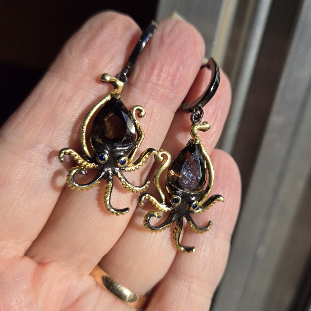 Smokey Quartz & Sapphire Sterling Gold & Rhodium Octopus π Earrings - Picture 7 of 7